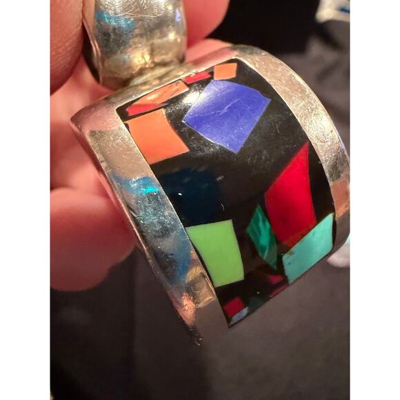 Mexican Sterling Silver 925 ATI Multi-Stone Inlay Mosaic Toggle Bracelet - Picture 4 of 15